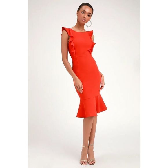 Lulus Dresses & Skirts - Hearts Aflutter NWT Coral Orange Ruffled Bodycon Midi Dress size small